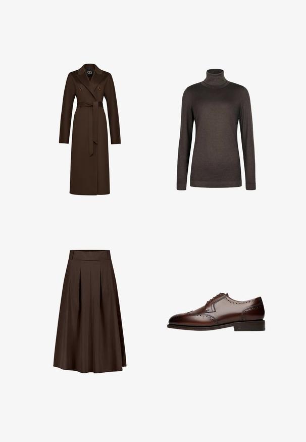 Trench-coat en mélange de laine marron avec un col à revers, des boutons double-breasted et une ceinture à nouer. Manches longues et coupe droite.; Pull à col roulé marron en tissu doux. Il dispose de manches longues et d'une coupe ajustée. Texture lisse avec un col et un ourlet côtelés.; Jupe midi trapèze brun foncé avec plis devant et passants de ceinture à la taille, présentée sur fond blanc.; Chaussure de ville en cuir marron avec des détails brogue, bout arrondi et laçage à cinq œillets, reposant sur une semelle plate et texturée.