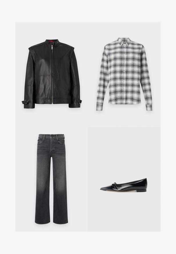 Chaqueta de cuero negra con cuello alto, cierre de cremallera en la parte delantera y correas laterales en los puños. Textura suave con una silueta ajustada.; Camisa de botón en patrón de cuadros en blanco y negro, hecha de tela suave, con cuello y mangas largas con cierre de botones.; Jeans de pierna ancha en denim gris oscuro, con un sutil efecto desvanecido. Diseño clásico de cinco bolsillos con trabillas para el cinturón y costuras visibles.; Zapato plano de charol negro con punta afilada, pequeña tira decorativa y tacón bajo. Textura suave y diseño elegante.
