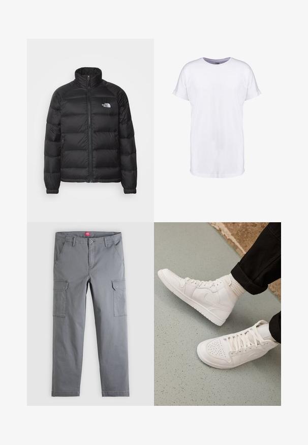 Schwarze Daunenjacke mit hohem Kragen, Reißverschluss, steppgefüttert und seitlichen Taschen. Mit kleinem weißen Logo auf der Brust.; Weißes Baumwoll-T-Shirt mit kurzen Ärmeln, Rundhalsausschnitt und lockerer Passform. Glatte Textur und keine sichtbaren Muster oder Designs.; Graue Cargohosen mit geradem Bein, seitlichen Klappentaschen, vorderem Knopf- und Reißverschluss sowie Gürtelschlaufen am Bund.; Weisse High-Top-Sneaker aus glattem Leder mit perforierter Zehenpartie, Schnürverschluß und dezentem Logodetail an der Seite. Strukturierte Gummisohle.