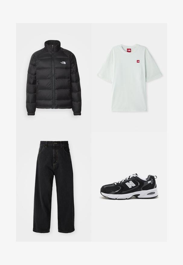Schwarze Daunenjacke mit hohem Kragen, Reißverschluss, steppgefüttert und seitlichen Taschen. Mit kleinem weißen Logo auf der Brust.; Hellgrünes Kurzarm-T-Shirt aus weicher Baumwolle, mit einem kleinen roten Logostein auf der linken Brustseite. Entspannte Passform und runder Halsausschnitt.; Schwarze, weit geschnittene Jeans mit hoher Taille, vorderem Knopf, Reißverschluss und gelben Nähten an Taschen und Nähten.; Schwarze und graue Sportschuhe mit Obermaterial aus Mesh und Wildleder, ausgestattet mit einer weißen Zwischensohle, Schnürsenkeln und einem markanten "N"-Logo an der Seite.