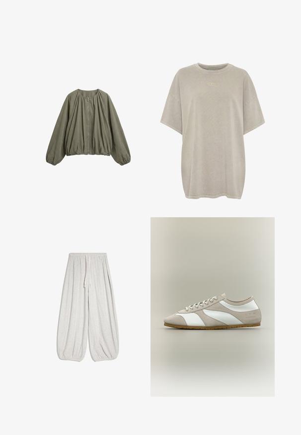 Veste kaki à manches longues avec encolure ronde, fermeture éclair devant, détails froncés et poignets et ourlet élastiqués.; T-shirt oversize beige clair en coton doux. Il se caractérise par un col rond et des manches courtes, avec un logo discret au centre.; Pantalon ample gris clair avec taille élastique, cordon de serrage et poignets élastiques sur fond blanc.; Baskets basses avec empiècement en daim beige, panneaux en cuir blanc, lacets beiges et semelle en gomme, vues de profil sur fond neutre.