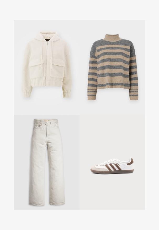 Sudadera recortada en color crema, hecha de forro polar texturizado. Cuenta con cremallera frontal, dos grandes bolsillos de parche y cordones en la capucha.; Suéter de punto a rayas en colores gris y beige, con cuello alto, mangas anchas con puños, y un corte relajado con un diseño recortado.; Vaqueros rectos de tiro alto color blanco roto con cierre frontal de botones y cremallera, y diseño de cinco bolsillos sobre un fondo blanco liso.; Zapatilla blanca Adidas Samba con franjas de ante marrón, suela de goma marrón y puntera de ante beige, vista desde el lado exterior sobre un fondo liso.