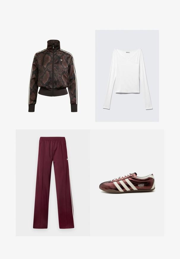 Brown and black snakeskin-patterned track jacket with white stripes on sleeves, front zipper, ribbed cuffs, and small white logo on chest.; White long-sleeve top with a crossover design and a pocket. Made from a smooth, stretchy fabric. Cut in a casual, relaxed fit.; Maroon track pants with elastic waistband, side zip pockets, white side stripes, and a small white Adidas logo on the right thigh.; Low-profile metallic burgundy Adidas sneaker with white stripes, laces, and "Adidas Tokyo" branding on the side.