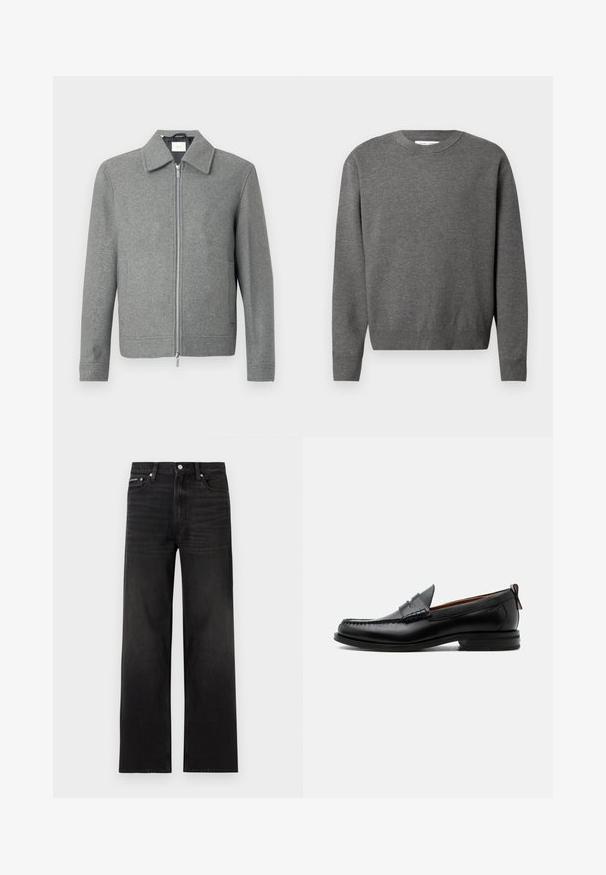 Grijze lange mouw woljas met een zilveren rits aan de voorkant en een klassieke kraag, weergegeven op een witte achtergrond.; Grijze crewneck sweater van zacht breisel. Heeft lange mouwen en ribgebreide boorden en onderkant. Minimalistisch design zonder zichtbare logo's.; Zwarte jeans met rechte pijpen, vijf zakken, riemlussen en knoopsluiting, weergegeven op een witte achtergrond.; Zwarte leren herensloffen met moc toe stiksel, pennyriem, gestructureerde kraag en lage gestapelde hak op witte achtergrond.