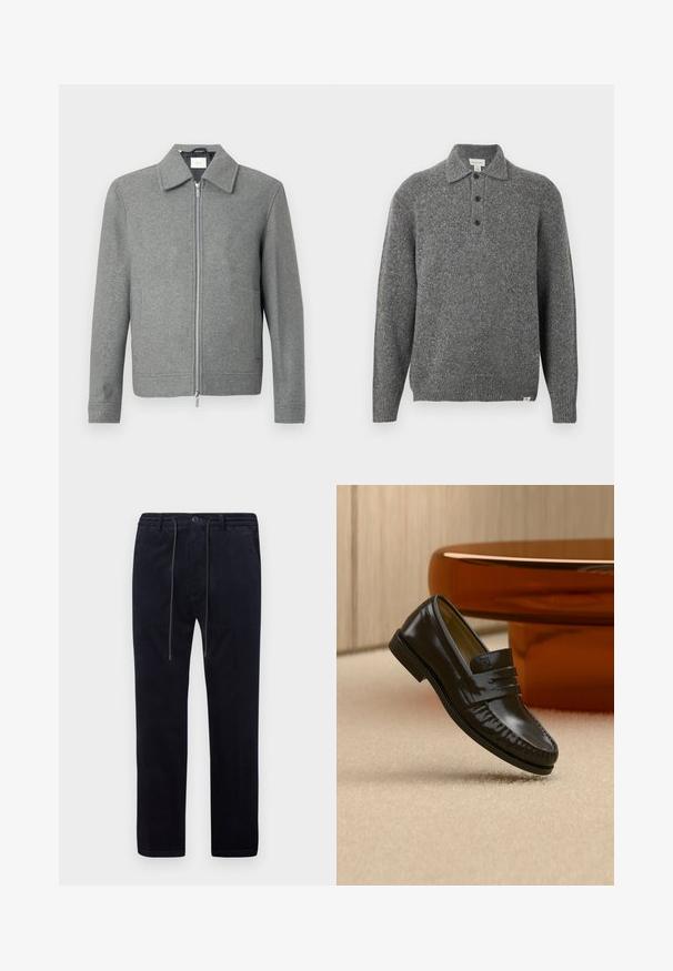 Grå langærmet uldjakke med sølvfarvet lynlås foran og klassisk krave, præsenteret på en hvid baggrund.; Grå strikket pullover med polokrave, fem-knaps lukning, lange ærmer og ribbede manchetter; har et tekstureret stof med subtile prikker.; Mørkeblå corduroy bukser med en struktureret overflade, lige ben, elastisk talje, snøre og forlommer.; Skinnende sort læderloafer med remdetalje, placeret på beige tæppe nær et rundt brunt sofabord i et blødt oplyst rum.