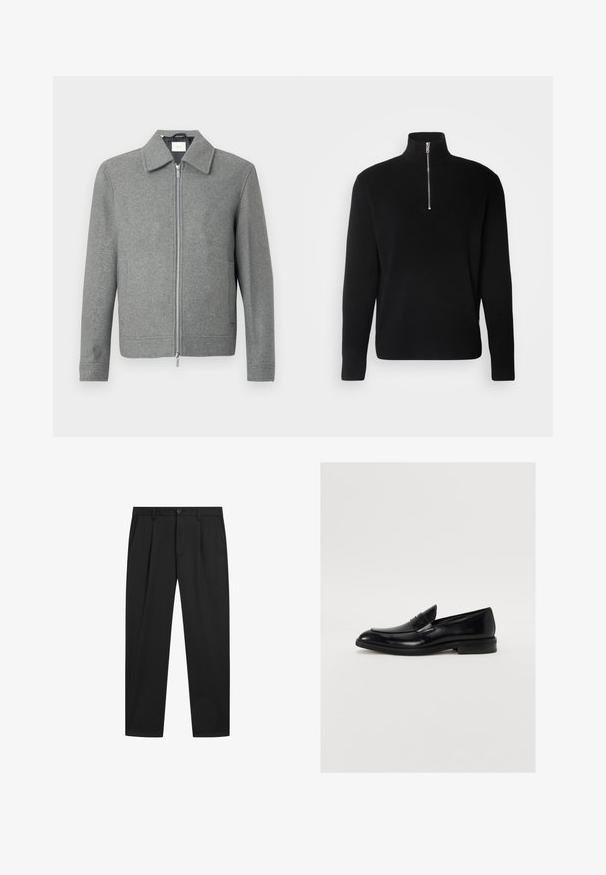 Grijze lange mouw woljas met een zilveren rits aan de voorkant en een klassieke kraag, weergegeven op een witte achtergrond.; Lindbergh HALF ZIP RIB KNIT - Trui - black; Zwarte op maat gemaakte broek met riemlussen, voorste knoop, ritssluiting en zijzakken, weergegeven op een effen witte achtergrond.; Zwarte leren instapper met ronde neus, subtiele stiksels en een gladde afwerking. Beschikt over een lage gestapelde hak en een band over de wreef.