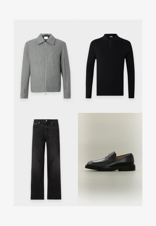 Grijze lange mouw woljas met een zilveren rits aan de voorkant en een klassieke kraag, weergegeven op een witte achtergrond.; Zwart poloshirt met lange mouwen van ribbelstof, drie-knoopsluiting en een zachte kraag. Eenvoudig en veelzijdig ontwerp.; Zwarte jeans met rechte pijpen, vijf zakken, riemlussen en knoopsluiting, weergegeven op een witte achtergrond.; Zwarte leren herenloafer met een lage hak en een banddetail over het bovenwerk, getoond in profiel op een neutrale achtergrond.