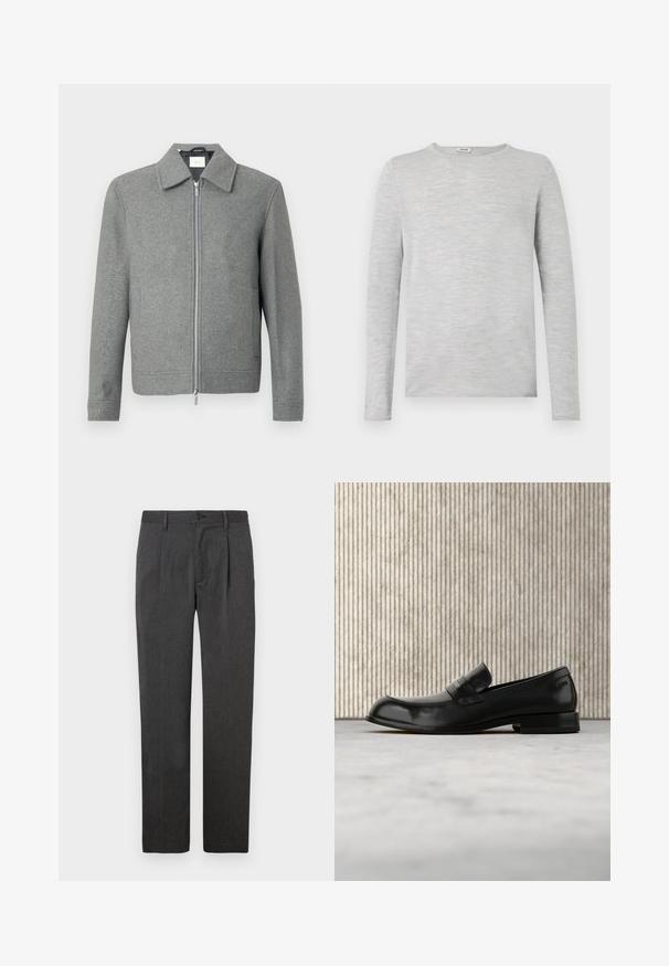 Chaqueta de lana gris de manga larga con cremallera plateada frontal y cuello clásico, exhibida sobre un fondo blanco.; Camisa de manga larga gris hecha de un tejido suave y texturizado, con cuello redondo y corte recto, sin patrones o acentos visibles.; Pantalones grises ajustados con un corte recto, que presentan un plisado frontal, cremallera y cierre de botón. Textura suave, diseño clásico.; Mocasín negro de cuero con detalle metálico, mostrado suspendido sobre una alfombra beige, con una mesa redonda de color ámbar en el fondo.