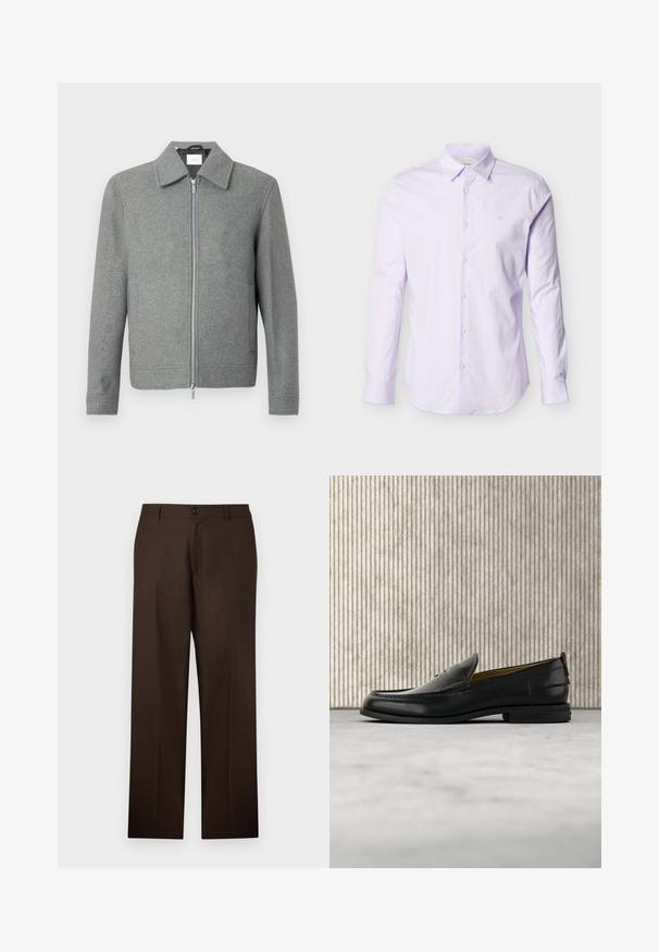 Chaqueta de lana gris de manga larga con cremallera plateada frontal y cuello clásico, exhibida sobre un fondo blanco.; Camisa de manga larga color púrpura claro, hecha de algodón, con cierre de botones al frente, cuello puntiagudo y un pequeño logo en el pecho.; Pantalones marrones, ajustados, con un diseño de pierna recta, cierre de botón y textura de tela suave. Sin patrones ni acentos visibles.; Mocasín de cuero negro para hombre con empeine grabado en relieve de cocodrilo y tacón bajo, mostrado de perfil sobre un fondo neutro.