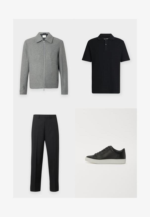 Grå langærmet uldjakke med sølvfarvet lynlås foran og klassisk krave, præsenteret på en hvid baggrund.; Sort kortærmet polo-shirt med to-knaps stolpelukning og klassisk krave, vist på en ensartet lys grå baggrund.; Sorte bukser med lige ben, bæltestropper, frontfold og lynlås på hvid baggrund.; Sorte lædersneakers med rund tå, flad hvid gummisål og seks huller til snørebånd. Glat overflade, minimalistisk stil.