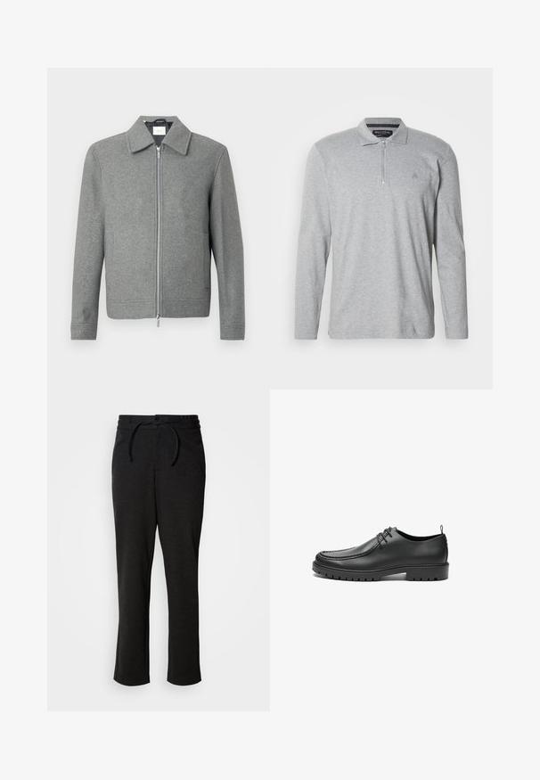 Chaqueta de lana gris de manga larga con cremallera plateada frontal y cuello clásico, exhibida sobre un fondo blanco.; Polo de manga larga en color gris, confeccionado en tela suave, con cierre de media cremallera, cuello clásico y un pequeño logo en el pecho.; Pantalones de punto negros con cintura elástica y cordón, corte recto y bolsillos laterales. Textura suave con un acabado liso.; Zapatos de cuero negro con un acabado suave, punta redondeada y costuras decorativas. Cuenta con una suela de goma con surcos para tracción y un diseño de cordones.