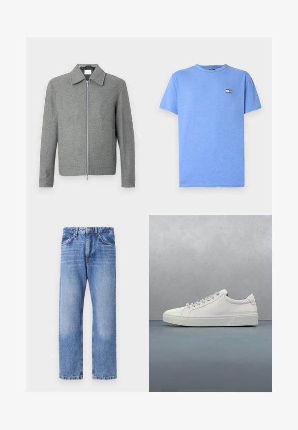 Chaqueta de lana gris de manga larga con cremallera plateada frontal y cuello clásico, exhibida sobre un fondo blanco.; Camiseta de algodón de manga corta en azul claro. Presenta un pequeño parche de marca en el lado izquierdo del pecho. Cuello redondo estándar y dobladillo recto.; Jeans de mezclilla azul claro con un diseño de pierna recta, cinco bolsillos, costuras en contraste y un acabado ligeramente desgastado. Cierre de botón y cremallera.; Zapatilla blanca de cuero con punta redondeada, diseño minimalista, cordones grises y suela de goma texturizada gris. Detalles de costura sutiles visibles.