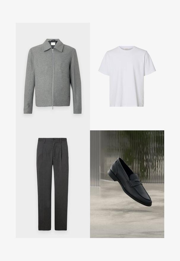 Grijze lange mouw woljas met een zilveren rits aan de voorkant en een klassieke kraag, weergegeven op een witte achtergrond.; Effen wit T-shirt met korte mouwen en ronde hals, met een regular fit en een gladde stoftextuur, weergegeven op een witte achtergrond.; Grijze op maat gemaakte broek met een rechte pijp, voorzien van een voorplooien, ritssluiting en knoopsluiting. Glad textuur, klassiek ontwerp.; Zwarte leren loafer met een gladde afwerking, puntige neus en gestikte details over de wreef. Lage hak en minimalistisch ontwerp.