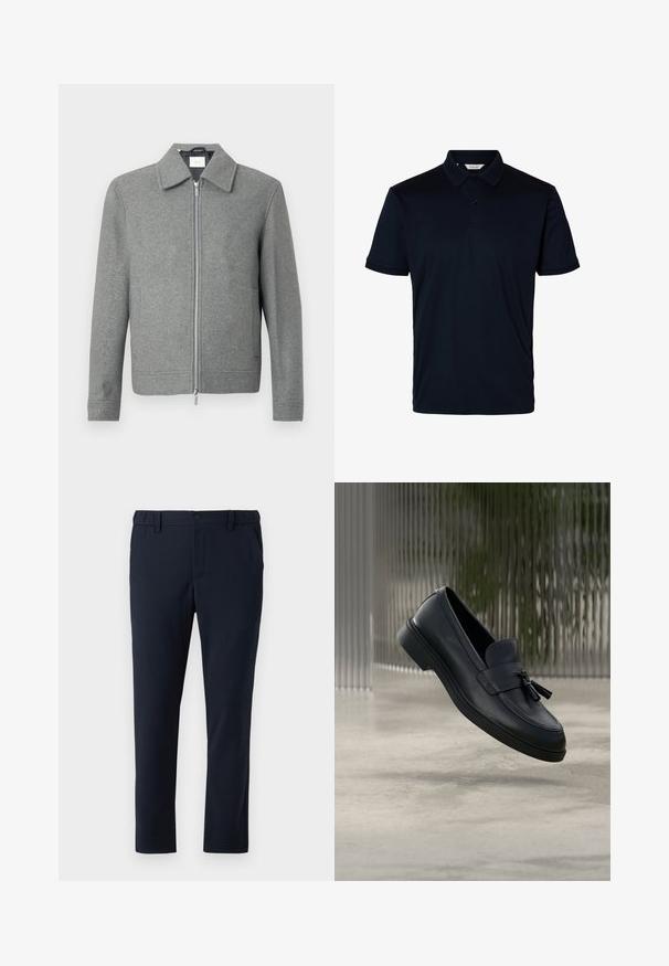 Chaqueta de lana gris de manga larga con cremallera plateada frontal y cuello clásico, exhibida sobre un fondo blanco.; Polo negro de manga corta con cuello y dos botones en la parte delantera, diseño sencillo sin logotipos o patrones visibles.; Pantalones azul marino fabricados en tejido suave, con una cinturilla elástica, bolsillos frontales y un diseño de pierna recta. Textura suave, sin patrones.; Mocasines de cuero negro con textura suave, punta redondeada y borlas decorativas en el frente. Suela de goma flexible con tacón bajo.