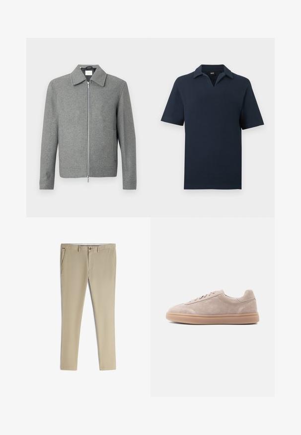 Grijze lange mouw woljas met een zilveren rits aan de voorkant en een klassieke kraag, weergegeven op een witte achtergrond.; Donkerblauw poloshirt met korte mouwen, gestructureerde stof en open kraag, weergegeven op een eenvoudige lichte achtergrond.; Beige slim-fit broek met riemlussen, voorzakken, knoopsluiting en een klein decoratief vlagdetail bij de linker zak.; Beige suède lage sneaker met veterluiting en gumzool, linkerzijaanzicht op een lichte achtergrond.
