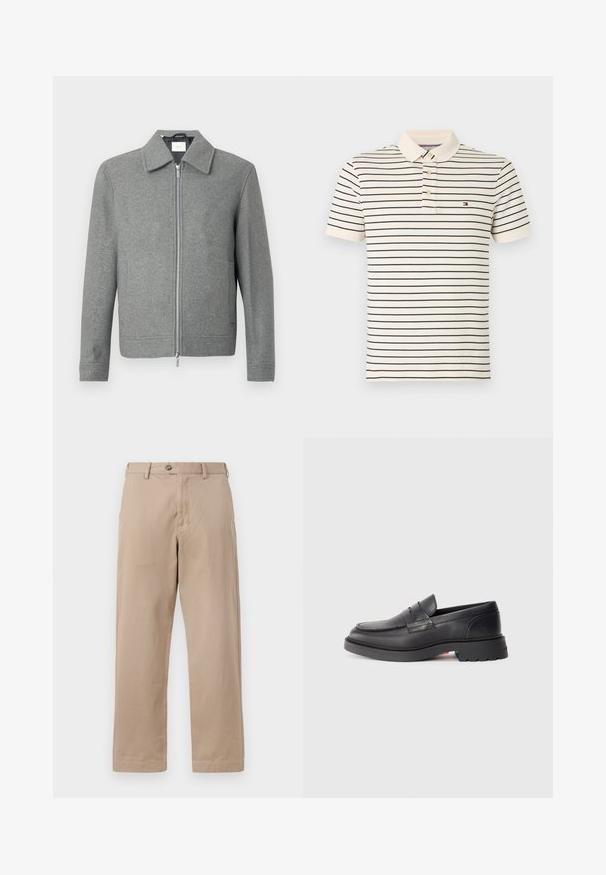 Grå langærmet uldjakke med sølvfarvet lynlås foran og klassisk krave, præsenteret på en hvid baggrund.; Kortærmet poloshirt lavet af blødt stof med vandrette marineblå striber på en lys cremefarvet baggrund samt en to-knaps plade.; Beige chinos lavet af let bomuld, med lynlåsgylp og knaplukning, samt lige ben-design med forlommer.; Sorte læder loafers med en rund tå, en hævet søm og en tyk gummisål. Enkel design med minimal branding på siden.