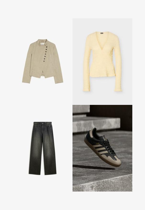 Veste beige pour femme avec un col haut et une fermeture asymétrique à boutons sur le devant, comportant six boutons noirs et des poches latérales.; Haut cache-cœur à manches longues de couleur jaune pâle avec tissu texturé, encolure en V profonde, taille cintrée et ourlet légèrement évasé.; Jeans évasés en denim gris foncé avec une finition délavée, un design à cinq poches et une fermeture à bouton à la taille.; Baskets en cuir noir et beige avec trois bandes blanches, semelle en caoutchouc beige et détail en or "Samba" sur le côté.