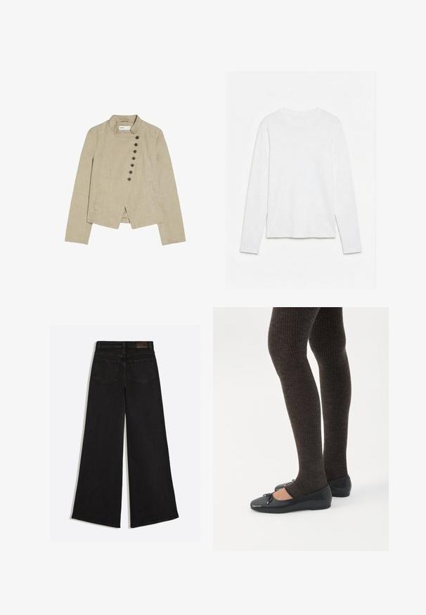 Veste beige pour femme avec un col haut et une fermeture asymétrique à boutons sur le devant, comportant six boutons noirs et des poches latérales.; T-shirt blanc uni à manches longues et col rond, posé à plat sur une surface blanche, montrant l'avant et la longueur complète des manches.; Jean en denim noir à jambes larges vu de dos avec deux poches arrière et des passants de ceinture à la taille.; Jambes portant des leggings côtelés foncés associés à des ballerines noires avec de petits détails en nœud sur fond blanc.