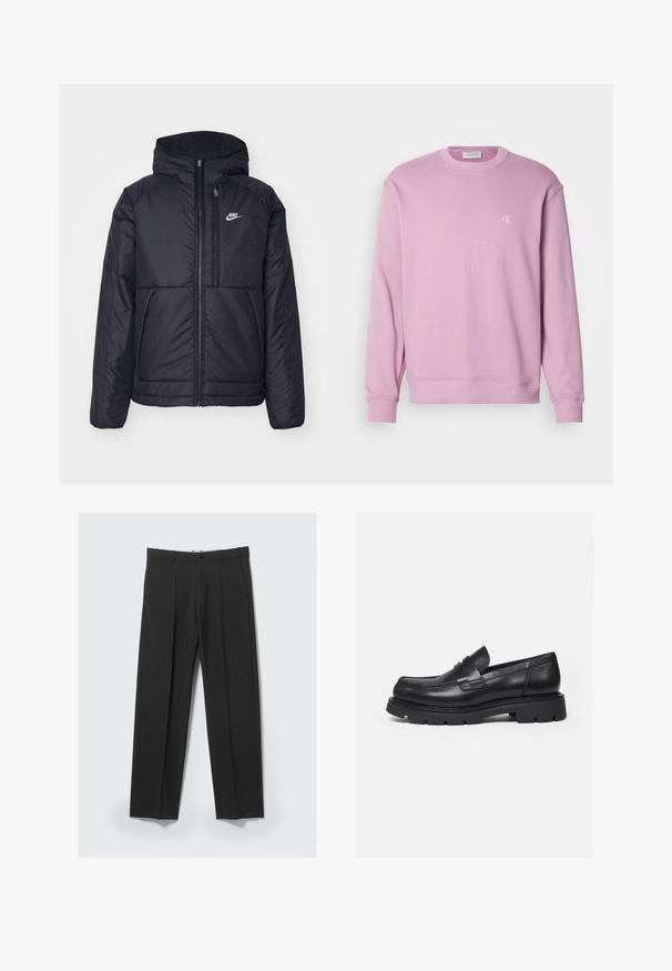 Musta, pehmustettu Nike-takki, jossa on etuvetoketju ja huppu. Vasemmassa rinnassa on valkoinen logo ja takissa on kaksinkertaiset etutaskut. Pintakoe on sileä.; Vaaleanpunainen crewneck-huppari, jossa on ribbed-hihansuut ja helma, ja jossa on pieni valkoinen logo rinnassa. Valmistettu pehmeästä puuvillakankaasta.; Musta räätälöidyt housut, joissa on etutaskut, sivutaskut, vyölenkit ja napitus vyötäröllä vaalealla taustalla.; Musta nahkainen loafer-pohjallinen, jossa paksu uritettu pohja ja pennynauhakiinnitys, esitetty oikealta sivuprofiililta valkoisella taustalla.