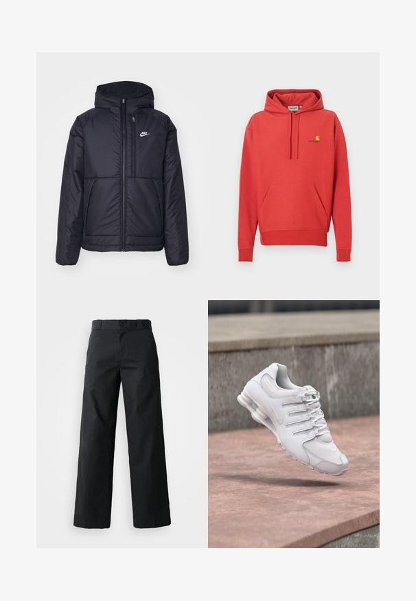 Musta, pehmustettu Nike-takki, jossa on etuvetoketju ja huppu. Vasemmassa rinnassa on valkoinen logo ja takissa on kaksinkertaiset etutaskut. Pintakoe on sileä.; Punainen huppari, jossa on kiristysnaru hupussa, kengurun tasku, resorit hihansuissa sekä keltainen logo rinnassa. Valmistettu pehmeästä ja sileäpintaisesta kankaasta.; Mustat leveälahkeiset housut, valmistettu puuvillasta. Varustettu nappikiinnityksellä, vyölenkeillä ja sivutaskuilla. Silkkinen pinta ja tyylikäs leikkaus.; Valkoinen urheilukenkä, jossa on tunnistettava pehmustettu pohjarakenne, kelluu vaaleanpunertavan betonipinnan ja harmaan kiven taustan yläpuolella.