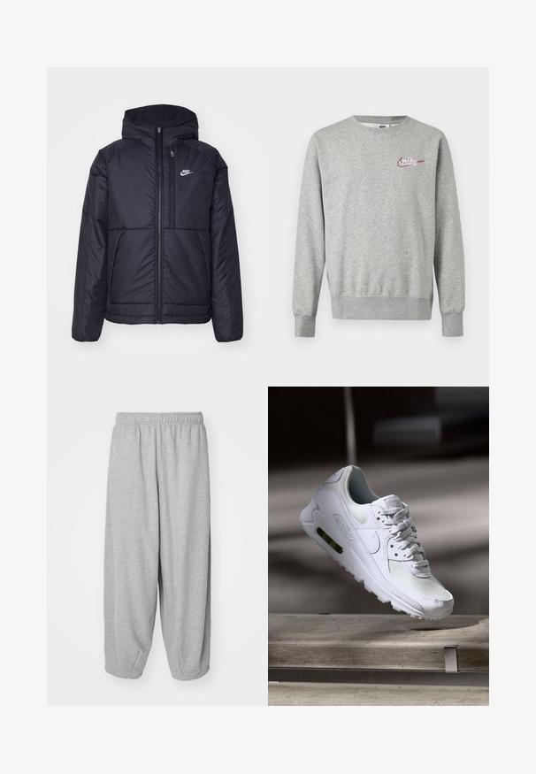 Must musta Nike jope, millel on ees lukuga avamine ja kapuuts. Vasakpoolne rind on kaunistatud valge logoga ning ees on kaks taskut. Sile välimine tekstuur.; Helehall halli pikkade varrukatega pusa ümar kaelusega, vasakul rinnal väike punane ja valge Nike logo.; Heledad hallid, lõdva istuvusega treeningpüksid, mis on valmistatud pehmest kangast. Elastsest materjalist vöökoht ja soonikud pahkluude juures. Lihtne ja kaunistusteta disain.; Valged Nike Air Max 90 sneakers, millel on võrkkangast ja nahast ülemine osa, aukudega varbadosa ning nähtav õhuüksus kandades.
