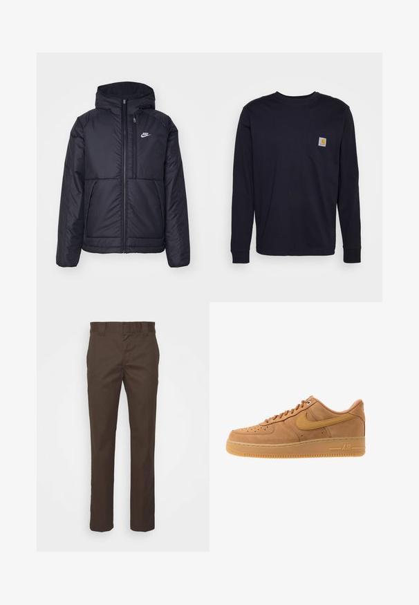 Čierna, polstrovaná bunda Nike so zipsom vpredu a kapucňou. Na ľavej strane hrude sa nachádza biele logo a sú tu dva predné vrecká. Hladký vonkajší povrch.; Dlhý rukáv, tmavomodré tričko vyrobené z bavlny, s vreckom na hrudi a nášivkou loga. Rovný lem a rebrované manžety.; Hnedé nohavice vyrobené z odolnej textílie, s rovnými nohavicami, štandardným pásom a bočnými vreckami pre zvýšenú funkčnosť.; Nike Sportswear AIR FORCE 1 07 - Tenisky - flax/wheat/light brown/black/team gold