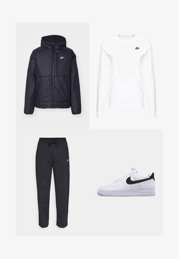 Must musta Nike jope, millel on ees lukuga avamine ja kapuuts. Vasakpoolne rind on kaunistatud valge logoga ning ees on kaks taskut. Sile välimine tekstuur.; Valge pikkade varrukatega T-särk, mis on valmistatud puuvillast, vasakul rinnal on väike must Nike logo ja ümar kaelus. Sile tekstuur.; Mustad mustad, pehmest kangast, elastse vöökoha, nööriga ja väikese Nike logo'ga vasakul reiel.; Valge nahast toss musta tekstuuriga Swooshiga, lamedate nööridega ja kummist tallaga, millel on sooneline muster. "AIR" on reljeefne kandadel.