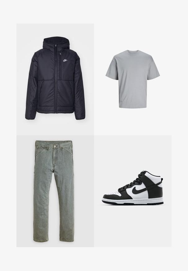 Musta, pehmustettu Nike-takki, jossa on etuvetoketju ja huppu. Vasemmassa rinnassa on valkoinen logo ja takissa on kaksinkertaiset etutaskut. Pintakoe on sileä.; Vaaleanharmaa lyhythihainen t-paita, joka on valmistettu sileästä puuvillakankaasta. T-paidassa on pyöreä kaula-aukko ja rento istuvuus ilman näkyviä kuvioita tai logoja.; Pystyraidalliset mustavalkoiset suorat housut etutaskuilla ja vyölenkeillä, esiteltynä litteänä vaaleaa taustaa vasten.; Mustavalkoinen korkeavartinen lenkkari, jossa on nahkainen päällinen, reikäkärkikuvio, merkittävä swoosh-logo ja teksturoitu kumipohja.
