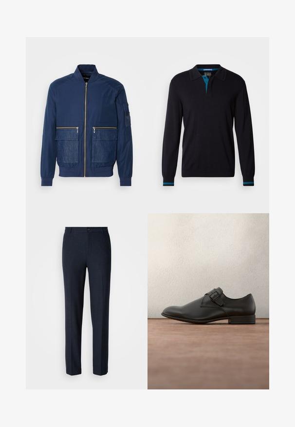 Veste bomber marine avec fermeture éclair à l'avant, accents en denim sur deux poches avant et une poche en maille sur la manche gauche. Tissu texturé.; Scotch & Soda LONG SLEEVE POLO - Pullover - anthracite; Pantalons bleu marine en tissu lisse. Dotés d'une coupe droite, avec une fermeture à un seul bouton et des poches standard.; Chaussure habillée en cuir noir à texture lisse, bout arrondi, détail de boucle latérale et talon bas, posée au-dessus d'une surface grise.