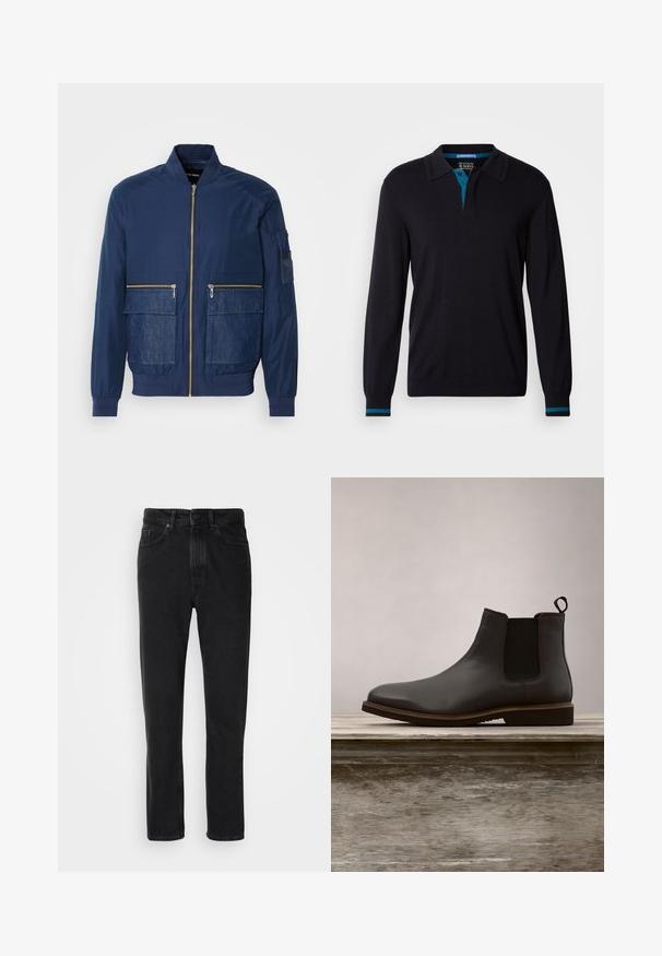 Veste bomber marine avec fermeture éclair à l'avant, accents en denim sur deux poches avant et une poche en maille sur la manche gauche. Tissu texturé.; Scotch & Soda LONG SLEEVE POLO - Pullover - anthracite; Jeans en denim noir avec une coupe droite, dotés d'une fermeture à bouton et à zip, de poches avant et d'une texture subtile.; Bottine Chelsea en cuir noir avec des panneaux élastiques sur les côtés et un bout arrondi, dotée d'une semelle texturée et de détails de couture subtils, surélevée au-dessus d'une surface en bois.