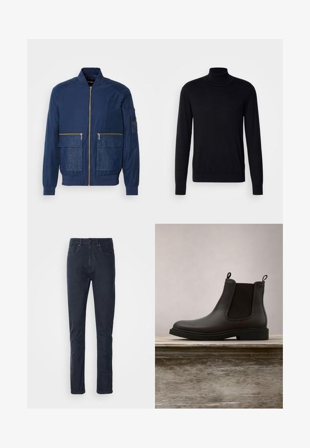 Veste bomber marine avec fermeture éclair à l'avant, accents en denim sur deux poches avant et une poche en maille sur la manche gauche. Tissu texturé.; Pull à col montant noir en tissu doux. Doté de manches longues, d'un col et de poignets côtelés, avec une texture lisse et sans motifs.; Jeans en coton bleu foncé avec une coupe droite, fermeture par bouton et design à cinq poches. Texture lisse et détails de couture minimalistes.; Bottines Chelsea en cuir noir avec des panneaux élastiques sur les côtés et des languettes, flottant au-dessus d'un banc en bois en extérieur avec un fond d'herbe.