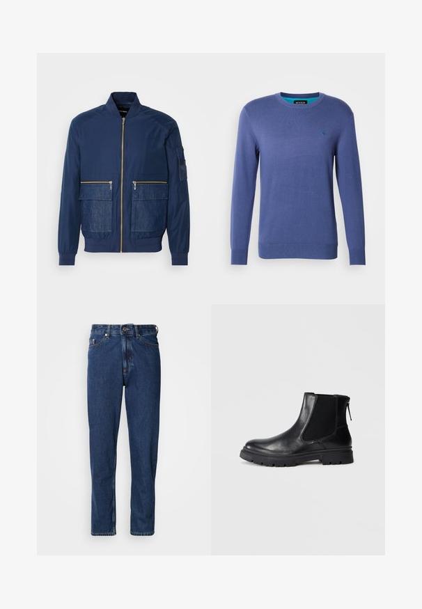 Veste bomber marine avec fermeture éclair à l'avant, accents en denim sur deux poches avant et une poche en maille sur la manche gauche. Tissu texturé.; Pull en tricot bleu avec un col rond, des manches longues et un petit logo brodé sur la poitrine gauche. Texture douce.; Jean bleu foncé en denim, avec une coupe droite, style cinq poches et des coutures apparentes le long des coutures.; Bottine en cuir noir avec une finition lisse, des panneaux latéraux en maille élastique et une semelle robuste avec un motif de crampons visible.