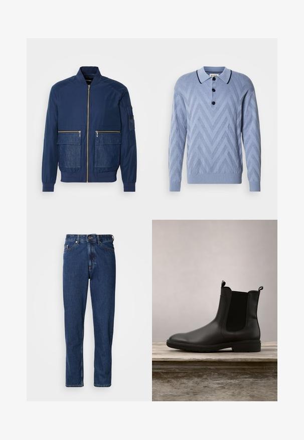 Ναυτικό bomber jacket με φερμουάρ μπροστά, denim λεπτομέρειες σε δύο μπροστινές τσέπες και mesh τσέπη στο αριστερό μανίκι. Υφή υφάσματος.; Ανοιχτό μπλέ πλεκτό πόλο με σχέδιο ζιγκ-ζαγκ, τρία μαύρα κουμπιά και αντίθετη ναυτική γιακά. Μακριά μανίκια και ριμπ μανσέτες.; Σκούρο μπλε τζιν από ντένιμ, με σχέδιο ίσιας γραμμής στο πόδι, πεντάτσεπη στυλ και εμφανείς ραφές κατά μήκος των ραφών.; Μαύρο λάστιχο Chelsea μποτάκι με λείο φινίρισμα, ελαστικές πλαϊνές πάνες και χερούλια, με χαμηλό τακούνι και ανθεκτική σόλα.