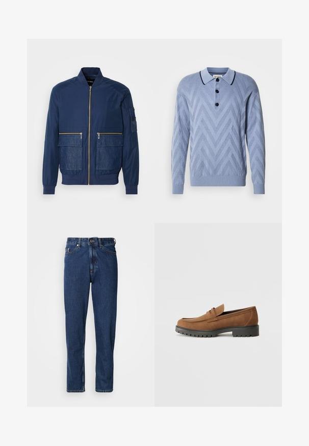 Veste bomber marine avec fermeture éclair à l'avant, accents en denim sur deux poches avant et une poche en maille sur la manche gauche. Tissu texturé.; Polo tricoté bleu clair avec un motif en chevron, trois boutons noirs et un col marine contrastant. Manches longues et poignets côtelés.; Jean bleu foncé en denim, avec une coupe droite, style cinq poches et des coutures apparentes le long des coutures.; Mocassins en daim marron avec un bout arrondi et une semelle noire en caoutchouc basse, présentant une sangle décorative et des détails de couture sur le dessus.