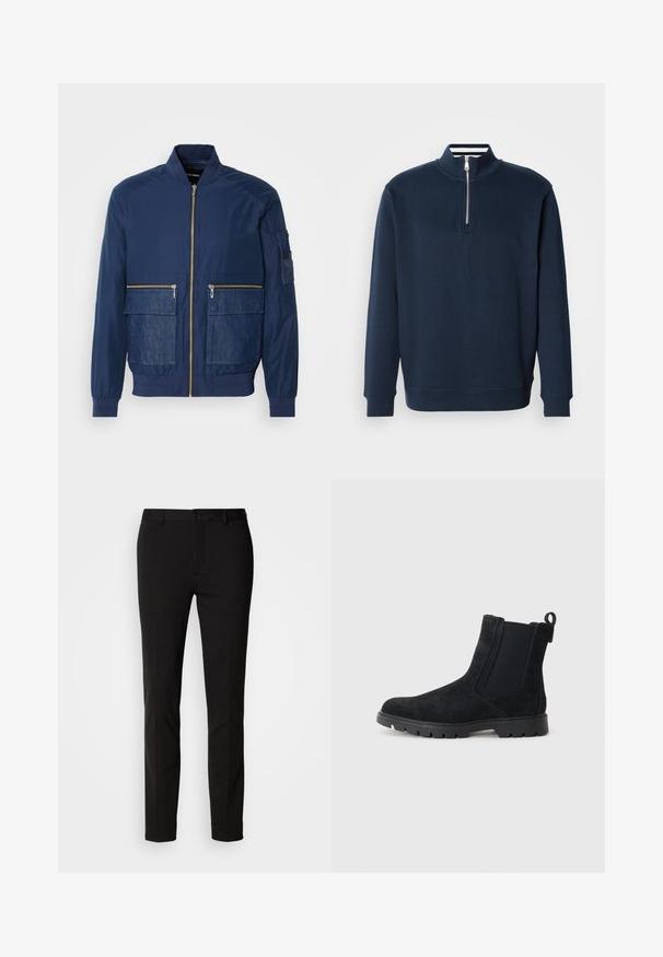 Marine bomberjack met een rits aan de voorkant, denim accenten op twee voorzakken en een gaaszak op de linkermouw. Textuurstof.; Marineblauwe sweater met een hoge kraag en een halve rits. Gemaakt van zachte stof, met geribbelde manchetten en zoom voor een aansluitende pasvorm.; Zwarte broeken met een slim fit, voorzien van een knoopsluiting en riemlussen. Gemaakt van gladde stof met een lichte glans, zonder zichtbare patronen.; Zwarte suède Chelsea-boots met een gestructureerde bovenkant, elastische zijpanelen, een trekband en een robuuste rubberen zool voor grip.