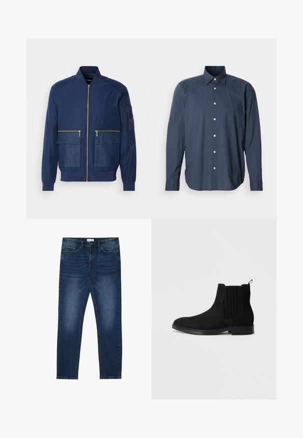 Veste bomber marine avec fermeture éclair à l'avant, accents en denim sur deux poches avant et une poche en maille sur la manche gauche. Tissu texturé.; Chemise bleu marine à manches longues, à motif à petits carreaux, avec une poche poitrine unique et des boutons blancs sur fond uni.; Jean slim-fit bleu foncé avec des détails délavés, design classique à cinq poches, fermeture à bouton et passants de ceinture.; Bottine Chelsea en suède noir avec panneaux latéraux élastiques, bout arrondi, texture subtile et tirant à l'arrière. Semelle plate en caoutchouc.