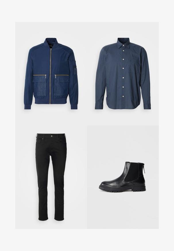 Veste bomber marine avec fermeture éclair à l'avant, accents en denim sur deux poches avant et une poche en maille sur la manche gauche. Tissu texturé.; Chemise bleu marine à manches longues, à motif à petits carreaux, avec une poche poitrine unique et des boutons blancs sur fond uni.; Jean en coton noir avec une coupe droite, doté d'une fermeture à bouton à l'avant, de passants de ceinture et de poches standard avec une texture lisse.; Bottine en cuir noir avec une finition lisse, des panneaux latéraux en maille élastique et une semelle robuste avec un motif de crampons visible.