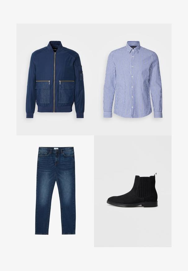 Veste bomber marine avec fermeture éclair à l'avant, accents en denim sur deux poches avant et une poche en maille sur la manche gauche. Tissu texturé.; Chemise à manches longues à rayures bleues et blanches, confectionnée en coton tissé, avec un col classique et un ourlet arrondi. Boutons en nacre.; Jean slim-fit bleu foncé avec des détails délavés, design classique à cinq poches, fermeture à bouton et passants de ceinture.; Bottine Chelsea en suède noir avec panneaux latéraux élastiques, bout arrondi, texture subtile et tirant à l'arrière. Semelle plate en caoutchouc.