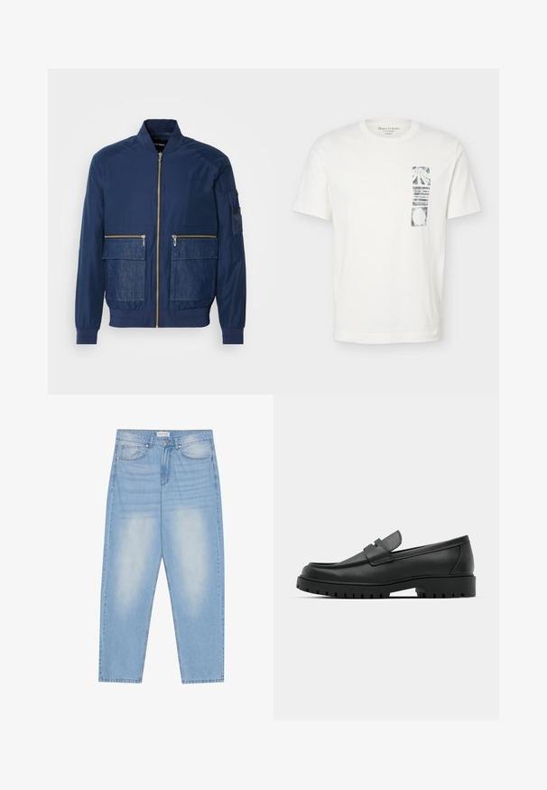 Marineblå bomberjakke med lynlås, denimdetaljer på to forlommer og en mesh-lomme på venstre ærme. Struktureret stof.; Hvid T-shirt med korte ærmer, rund hals og sort abstrakt rektangulært motiv på venstre brystområde.; Lyseblå denimjeans med en afslappet pasform, der har fem lommer, subtil falming og syninger langs sømmene.; Sorte læder loafers med rund tå, der har et syet design, lav platformssål og en struktureret, skridsikker gummisål.