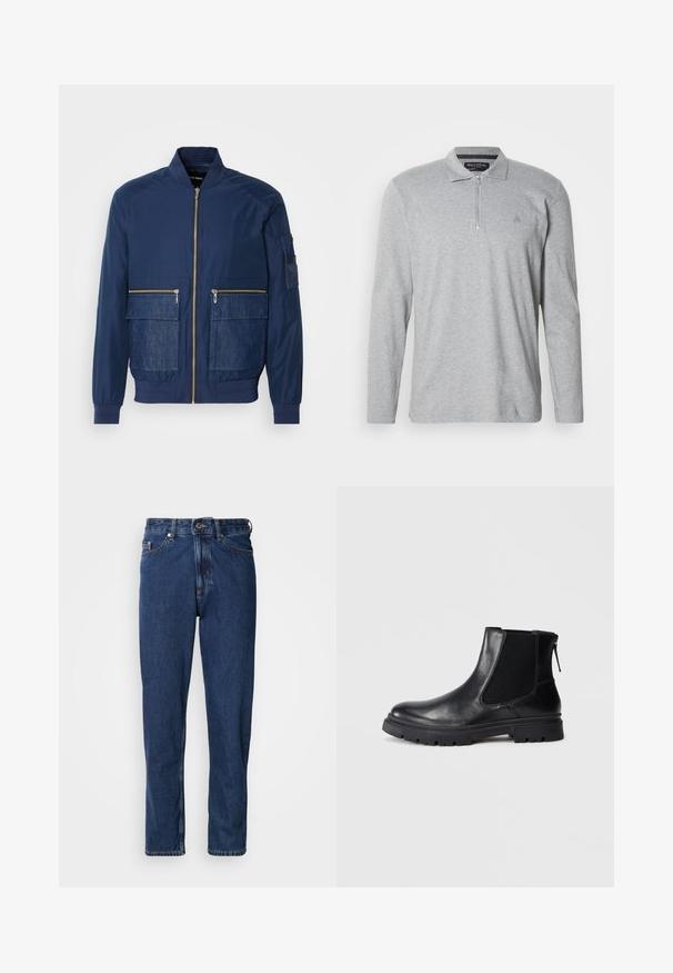Marineblå bomberjakke med lynlås, denimdetaljer på to forlommer og en mesh-lomme på venstre ærme. Struktureret stof.; Grå langærmet poloshirt lavet af blødt stof, med halv lynlås, klassisk krave og et lille logo på brystet.; Mørkeblå jeans lavet af denim, med lige ben, fem-lommer stil og synlige syninger langs sømmene.; Sort læderankelstøvle med en glat overflade, elastiske mesh-sider og en robust sål med synligt mønster.