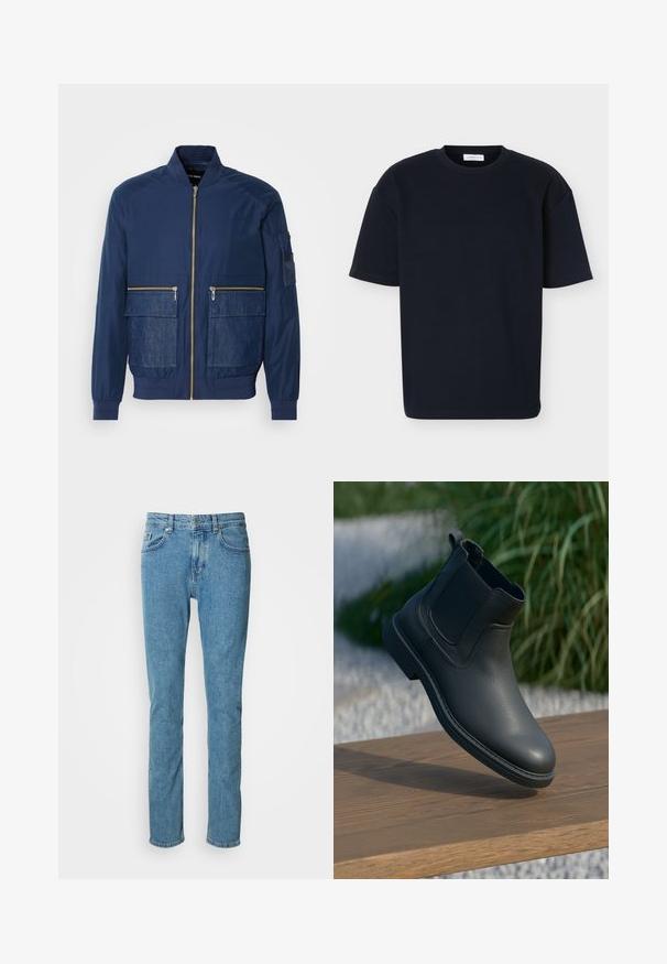 Veste bomber marine avec fermeture éclair à l'avant, accents en denim sur deux poches avant et une poche en maille sur la manche gauche. Tissu texturé.; T-shirt noir à manches courtes avec col rond, coupe décontractée et tissu subtilement texturé, présenté sur un fond clair uni.; Jean en denim bleu clair à coupe droite, ceinture robuste et style à cinq poches. Texture douce avec légère décoloration sur les cuisses.; Bottine en cuir noir avec des panneaux latéraux élastiques, des accents texturés et une semelle en caoutchouc ; l'affichage comprend une surface en bois et de la verdure.