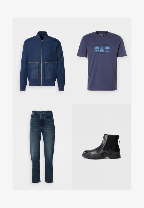 Veste bomber marine avec fermeture éclair à l'avant, accents en denim sur deux poches avant et une poche en maille sur la manche gauche. Tissu texturé.; T-shirt bleu marine à manches courtes avec col rond et graphique abstrait rectangulaire bleu et noir sur la poitrine.; Jeans droits bleu foncé avec fermeture à bouton et zip à l'avant, design à cinq poches, et subtile décoloration sur les cuisses et les genoux.; Bottine en cuir noir avec une finition lisse, des panneaux latéraux en maille élastique et une semelle robuste avec un motif de crampons visible.