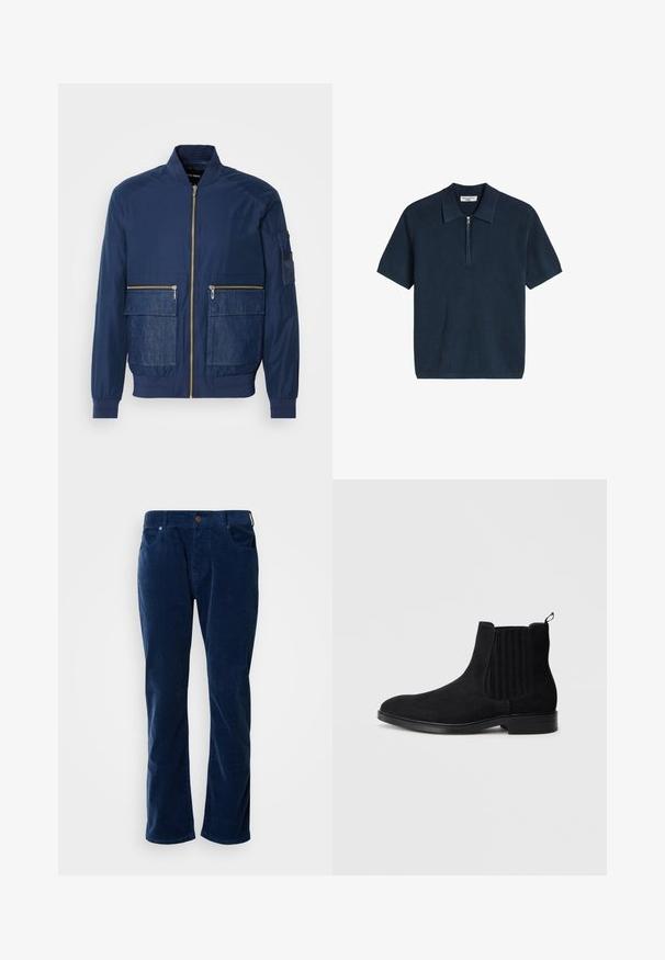 Veste bomber marine avec fermeture éclair à l'avant, accents en denim sur deux poches avant et une poche en maille sur la manche gauche. Tissu texturé.; Polo en maille bleu marine à manches courtes avec texture côtelée et fermeture à moitié éclair à l'avant.; Scotch & Soda THE ZEE STRAIGHT - Pantalon classique - insignia blue; Bottine Chelsea en suède noir avec panneaux latéraux élastiques, bout arrondi, texture subtile et tirant à l'arrière. Semelle plate en caoutchouc.