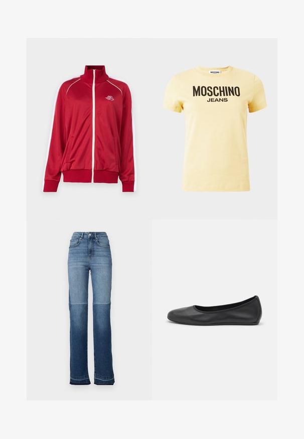 Rode ritsjack met hoge kraag, witte accenten op de schouders, twee voorkwestjes en geribbelde manchetten en zoom. Heeft een geborduurd logo op de borst.; Lichtgele T-shirt met korte mouwen en zwart "MOSCHINO JEANS" logo tekst in het midden van de voorkant tegen een effen achtergrond.; Hoge taille denim jeans met een verloop van licht naar donkerblauw, een rechte pijp en rafelige zoom aan de manchetten.; Zwarte leren ballerina met een ronde neus, gladde textuur, minimale stikdetails en een flexibele zoolontwerp.