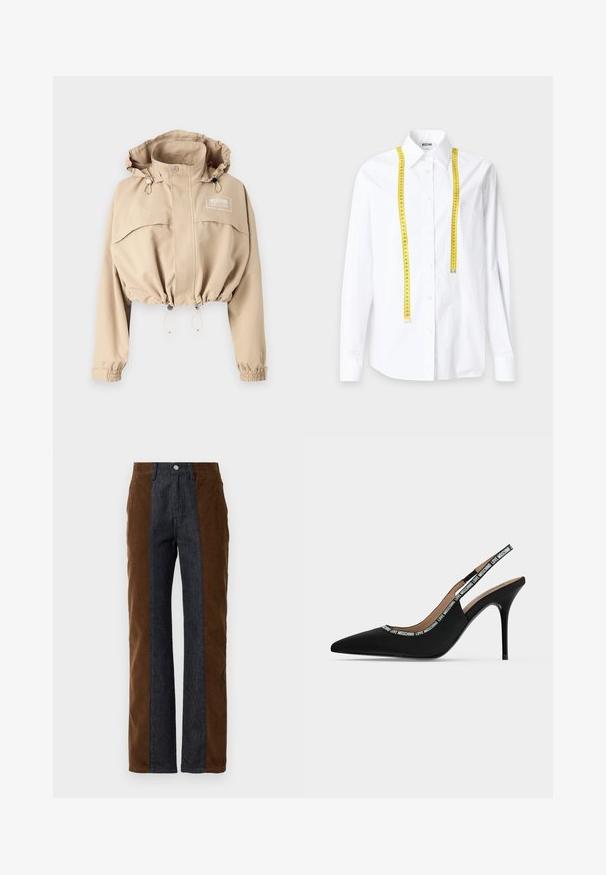 Chaqueta beige recortada con capucha ajustable, dobladillo elástico y puños. Presenta un bolsillo frontal y un logo en el pecho, fabricada con un tejido ligero.; Camisa blanca abotonada con mangas largas y una cinta métrica amarilla colgada alrededor del cuello sobre un fondo liso.; Pantalones de pana y vaquero con paneles verticales en marrón oscuro y azul marino, con un corte recto y diseño estándar de cinco bolsillos.; Zapato negro de tacón alto tipo slingback con punta puntiaguda, tacón de aguja fino y texto "LOVE MOSCHINO" en la correa y el borde.