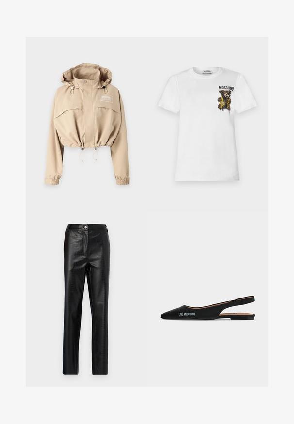 Beskåret beige jakke med justerbar hætte, elastisk bund og manchetter. Har en frontlomme og logo på brystet, lavet af letvægtsstof.; Hvid t-shirt med korte ærmer med en lille brun teddybjørn indpakket i et gult målebånd og tekst "MOSCHINO" på øverste venstre bryst.; Sorte faux læderbukser med krokodillemønster, slim fit, lige ben design, med frontknaplukning og standard taljebånd.; Sort spids slingback flad sko med lav hæl og "LOVE MOSCHINO"-logo på siden mod en enkel lys baggrund.