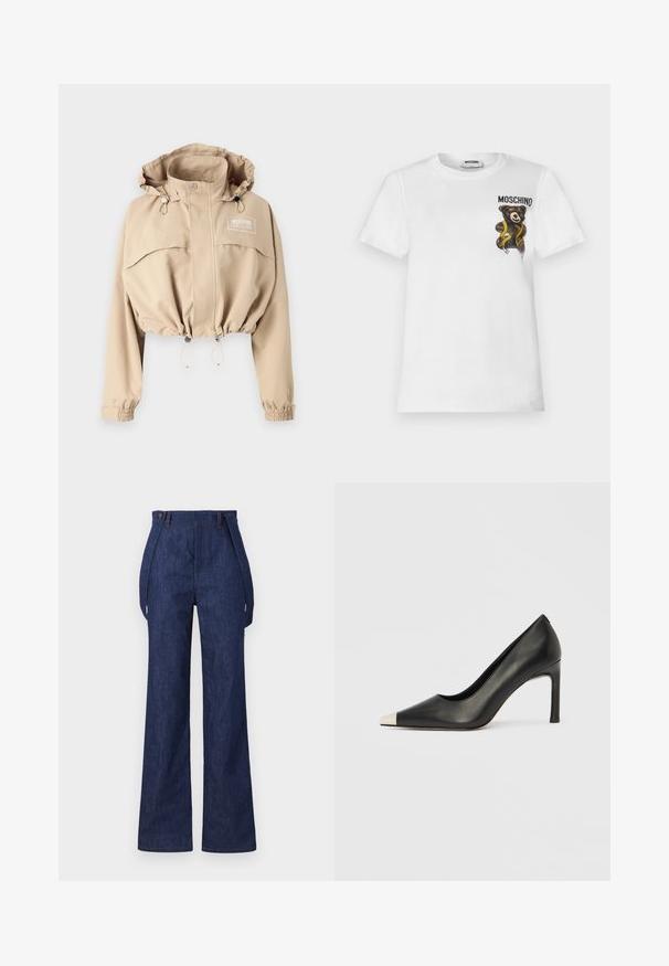 Beskåret beige jakke med justerbar hætte, elastisk bund og manchetter. Har en frontlomme og logo på brystet, lavet af letvægtsstof.; Hvid t-shirt med korte ærmer med en lille brun teddybjørn indpakket i et gult målebånd og tekst "MOSCHINO" på øverste venstre bryst.; Mørkeblå denim brede bukser med høj talje og synlige sømme. Har sidelommer og en afslappet pasform.; Sort læder højhælet sko med spids tå og metal-sølv hætte. Har en glat finish og en slank hæl på 10 cm.