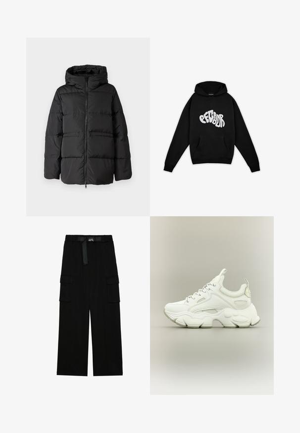Zwarte pufferjack met een capuchon, rits aan de voorkant en horizontale stiksels voor isolatie. Gladde textuur met een boxy vorm.; Pegador PALUMA OVERSIZED HOODIE - Sweater - black; Zwarte cargobroek met een wijd gesneden ontwerp, elastische tailleband met een riem, en twee grote zijzakken voor opslag.; Witte chunky sneaker met dikke, gestructureerde zool, bovenwerk van mesh en leer, vetersluiting en treklusjes op tong en hiel.