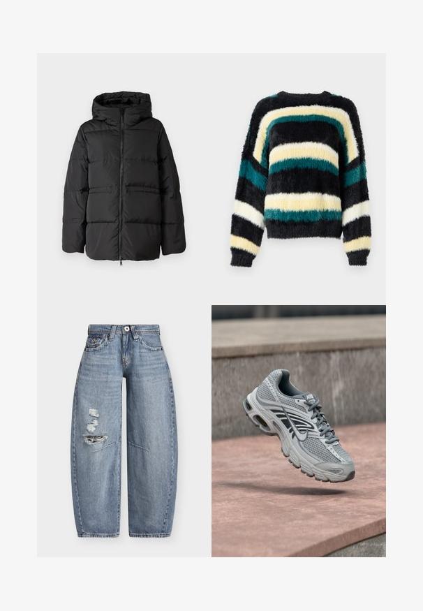 Zwarte pufferjack met een capuchon, rits aan de voorkant en horizontale stiksels voor isolatie. Gladde textuur met een boxy vorm.; Volcom HAIRY UP SWEATER - Trui - multi coloured; Blauwe denim jeans met wijde pijpen, een hoge taille en versleten scheuren aan de linkerdij, met voorzakken en riemlussen.; Lichtgrijze en witte Nike hardloopschoen met mesh-ontwerp, zwevend boven een stenen oppervlak buiten.