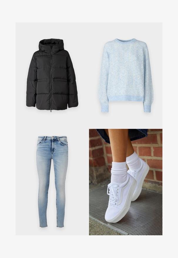 Sort pufferjakke med hætte, lynlås foran og vandret syninger til isolering. Glat tekstur med en firkantet form.; Pieces PCANONA O-NECK - Striktrøje - hydrangea; Lyseblå skinny jeans lavet af denim, med høj talje, fem lommer og flosset kant. Glat struktur med en falmet finish.; Hvide lærreds sneakers med gummisåler, der har seks snørehuller, rund tå og let sømdetaljer, krydret med hvide ankelstrømper.